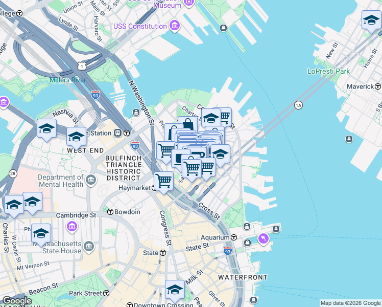 map of restaurants, bars, coffee shops, grocery stores, and more near in Boston