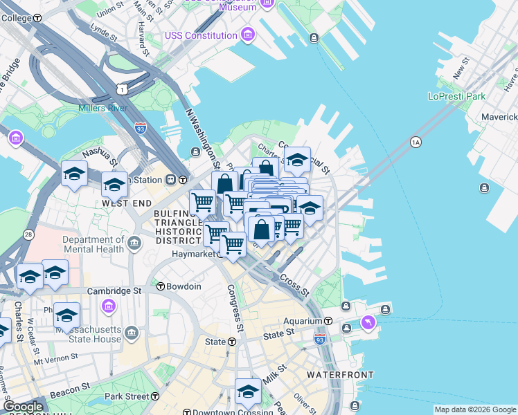 map of restaurants, bars, coffee shops, grocery stores, and more near 21 Cooper Street in Boston