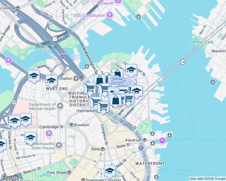map of restaurants, bars, coffee shops, grocery stores, and more near 21 Cooper Street in Boston