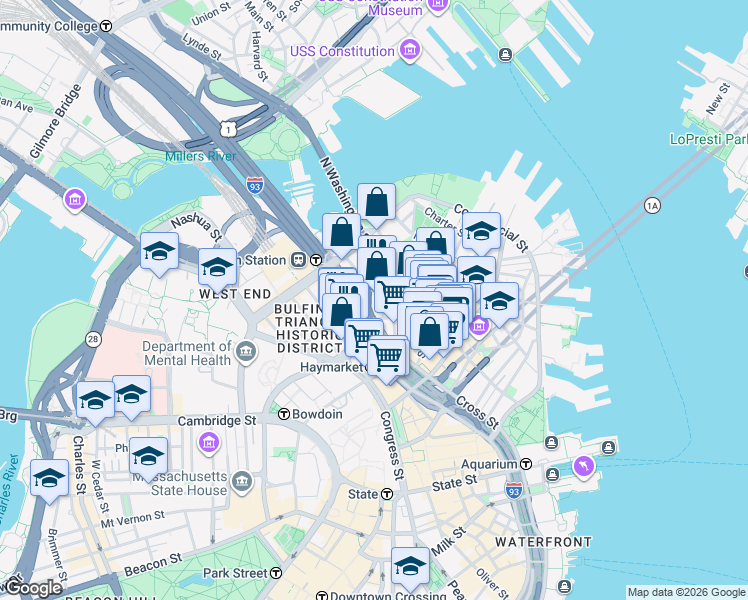 map of restaurants, bars, coffee shops, grocery stores, and more near 49 North Washington Street in Boston