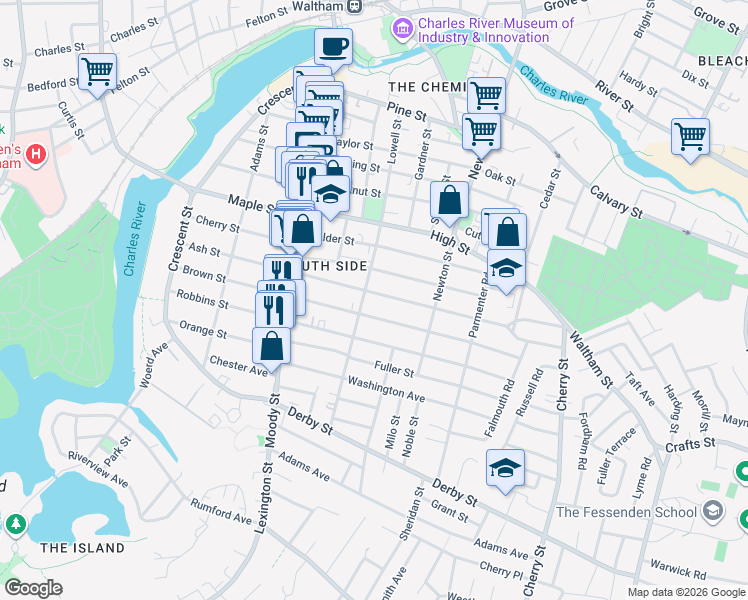 map of restaurants, bars, coffee shops, grocery stores, and more near 174 Brown Street in Waltham