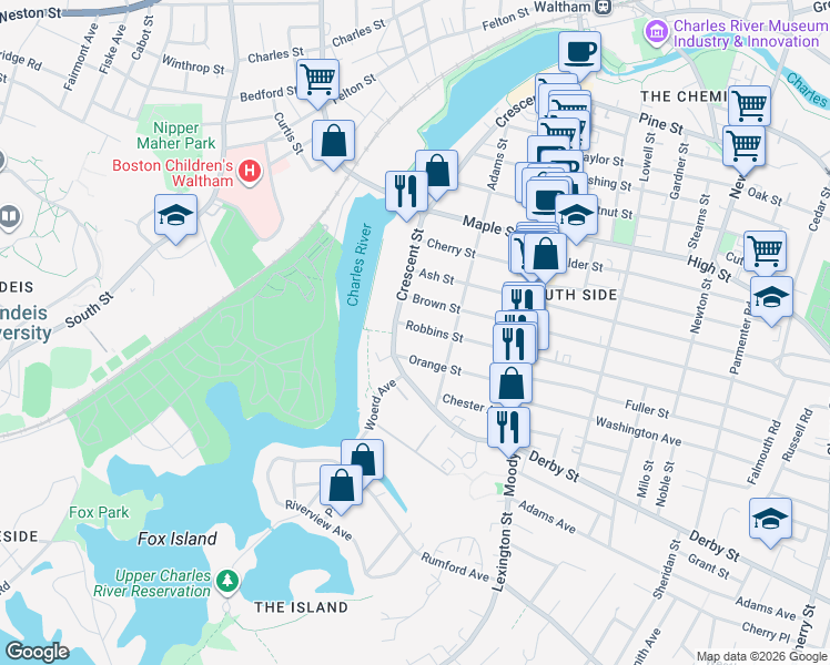 map of restaurants, bars, coffee shops, grocery stores, and more near 22 Orange Street in Waltham