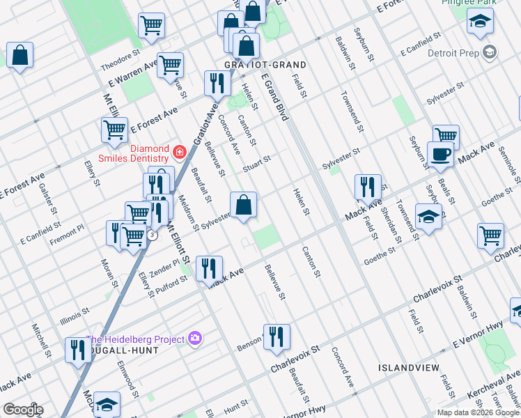 map of restaurants, bars, coffee shops, grocery stores, and more near 3717 Concord Avenue in Detroit