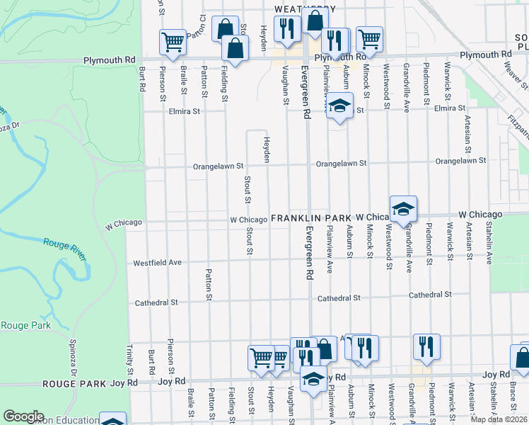 map of restaurants, bars, coffee shops, grocery stores, and more near 20201 West Chicago in Detroit