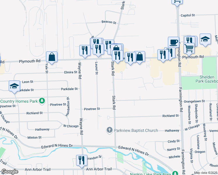 map of restaurants, bars, coffee shops, grocery stores, and more near 10529 Stark Road in Livonia