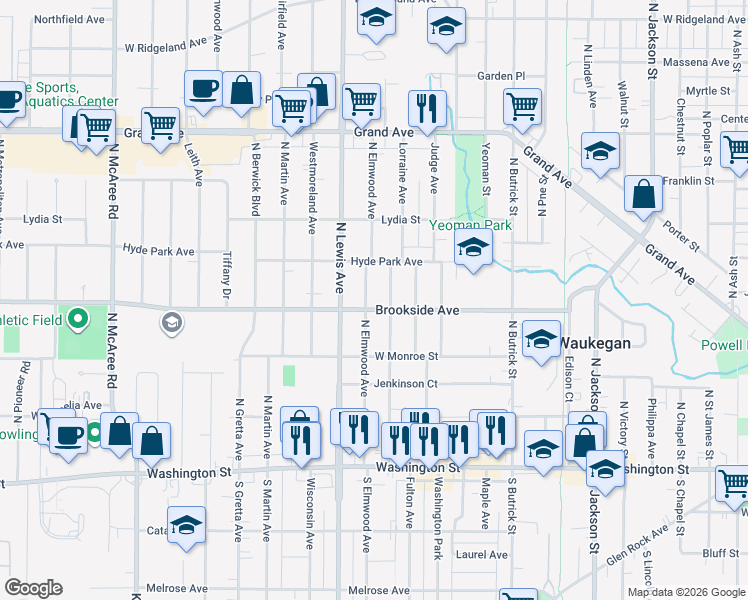 map of restaurants, bars, coffee shops, grocery stores, and more near 321 Burton Street in Waukegan