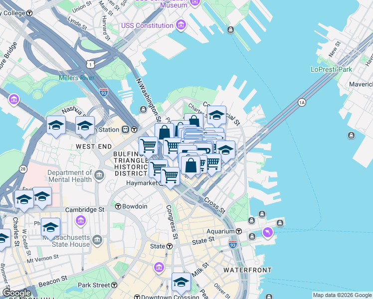 map of restaurants, bars, coffee shops, grocery stores, and more near 21 Cooper Street in Boston