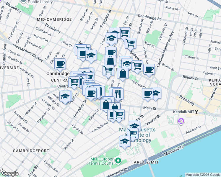 map of restaurants, bars, coffee shops, grocery stores, and more near 23 Pine Street in Cambridge