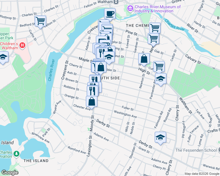 map of restaurants, bars, coffee shops, grocery stores, and more near 147-149 Brown Street in Waltham