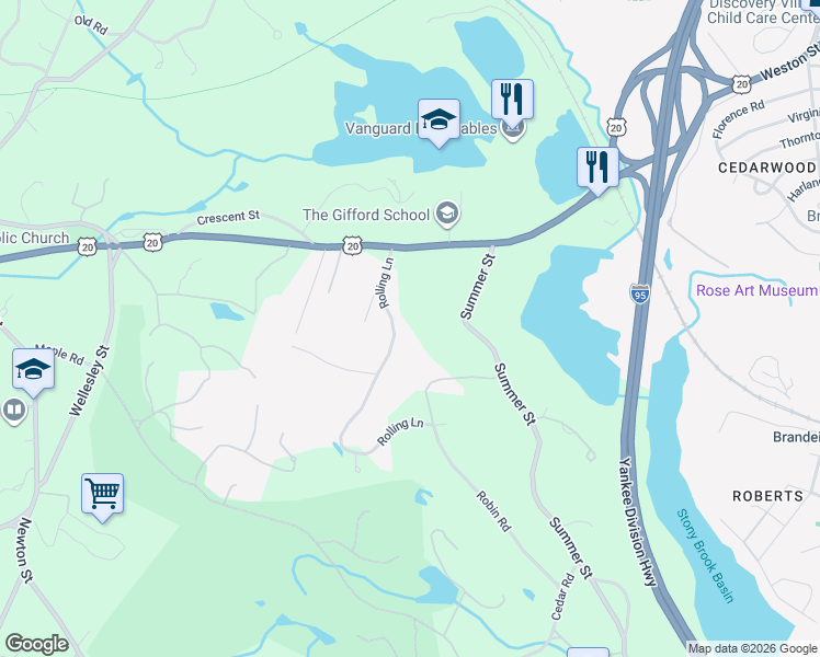 map of restaurants, bars, coffee shops, grocery stores, and more near 110 Robin Road in Weston