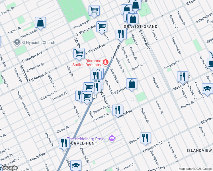 map of restaurants, bars, coffee shops, grocery stores, and more near 3956 Mount Elliott Street in Detroit