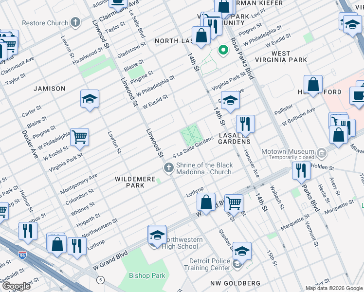 map of restaurants, bars, coffee shops, grocery stores, and more near 2502 South La Salle Gardens in Detroit
