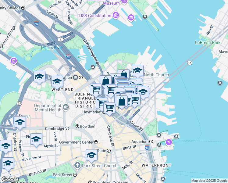 map of restaurants, bars, coffee shops, grocery stores, and more near 64 North Margin Street in Boston