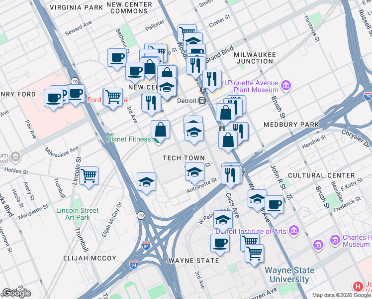 map of restaurants, bars, coffee shops, grocery stores, and more near 6136 2nd Avenue in Detroit