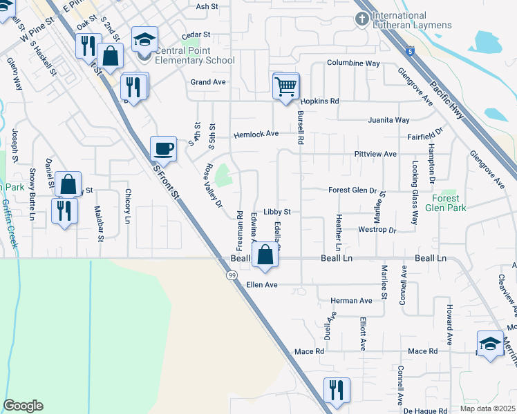 map of restaurants, bars, coffee shops, grocery stores, and more near 631 Libby Street in Central Point