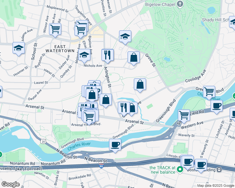 map of restaurants, bars, coffee shops, grocery stores, and more near 61 Arlington Street in Watertown
