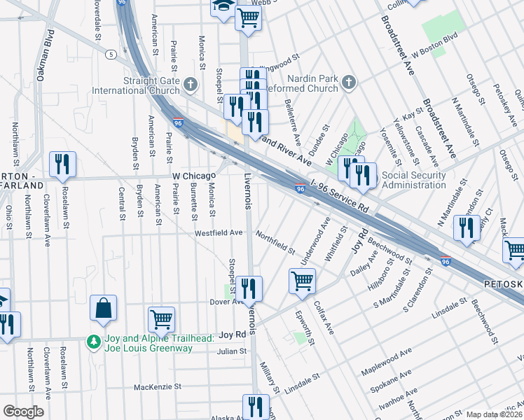 map of restaurants, bars, coffee shops, grocery stores, and more near 9361 Woodside Street in Detroit