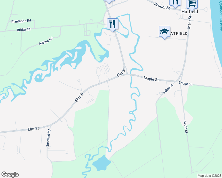 map of restaurants, bars, coffee shops, grocery stores, and more near 5 Brook Hollow Road in Hatfield