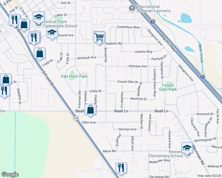 map of restaurants, bars, coffee shops, grocery stores, and more near 3316 Bursell Road in Central Point