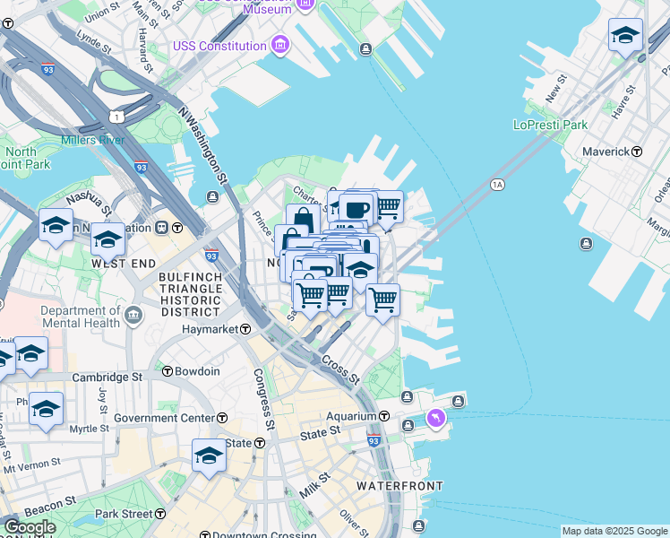 map of restaurants, bars, coffee shops, grocery stores, and more near 15-17 North Square in Boston