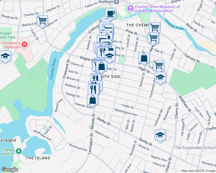 map of restaurants, bars, coffee shops, grocery stores, and more near 134 Brown Street in Waltham