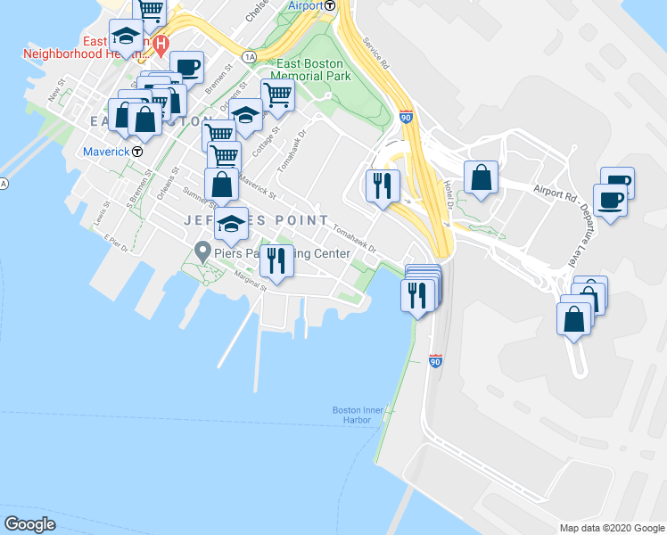 map of restaurants, bars, coffee shops, grocery stores, and more near 44 Jeffries Street in Boston