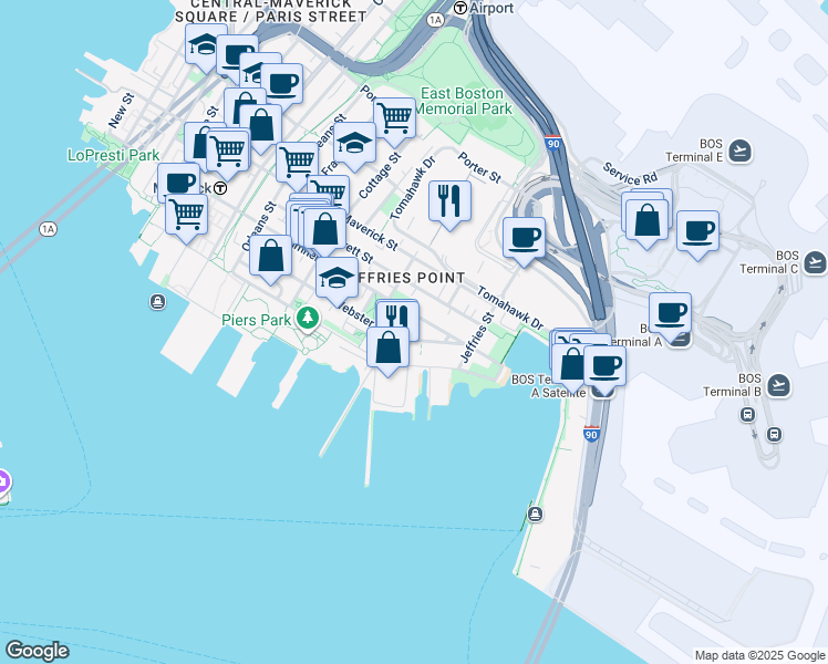 map of restaurants, bars, coffee shops, grocery stores, and more near 233 Webster Street in Boston