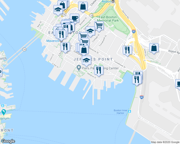 map of restaurants, bars, coffee shops, grocery stores, and more near 214 Marginal Street in Boston