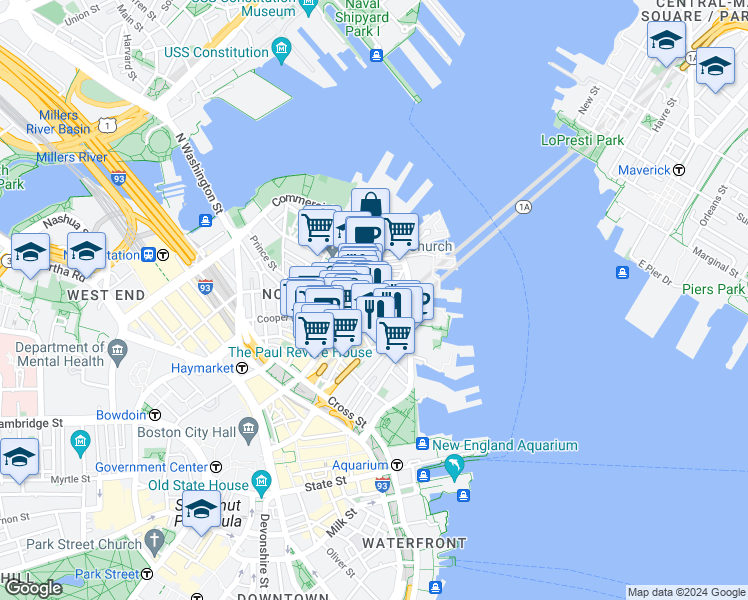 map of restaurants, bars, coffee shops, grocery stores, and more near 302-304 North Street in Boston