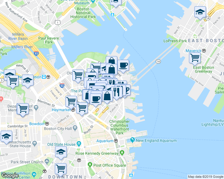 map of restaurants, bars, coffee shops, grocery stores, and more near 302-304 North Street in Boston