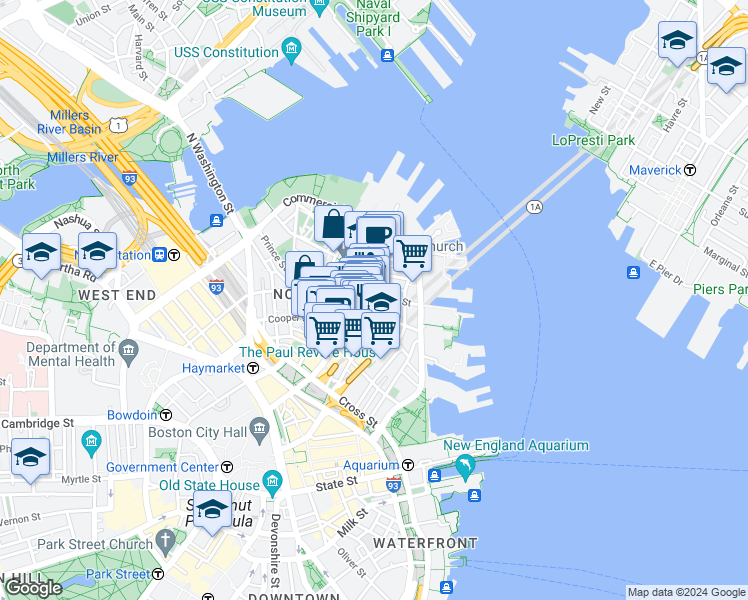 map of restaurants, bars, coffee shops, grocery stores, and more near 15-17 North Square in Boston
