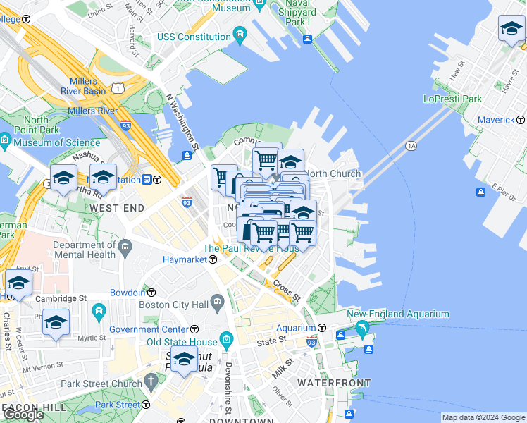 map of restaurants, bars, coffee shops, grocery stores, and more near in Boston
