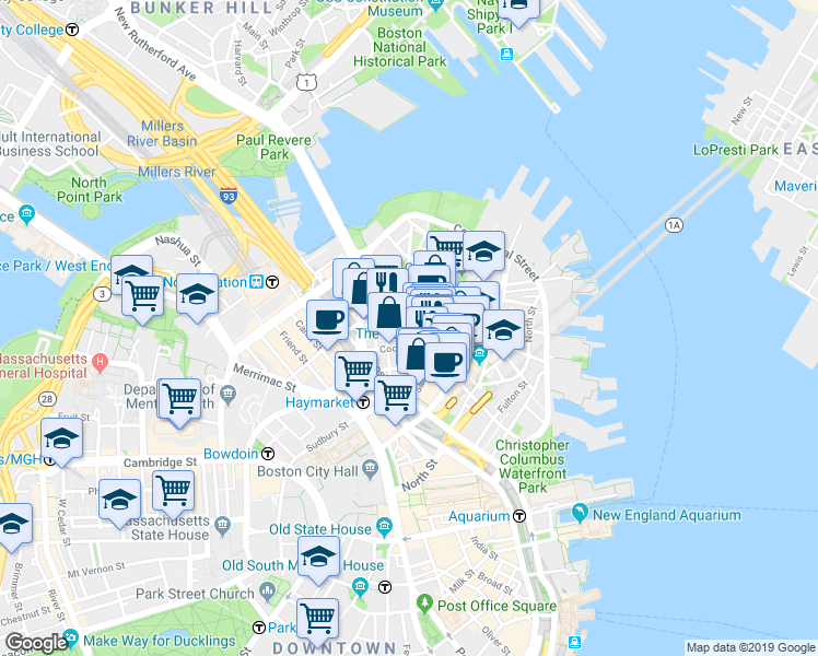 map of restaurants, bars, coffee shops, grocery stores, and more near 21 Cooper Street in Boston