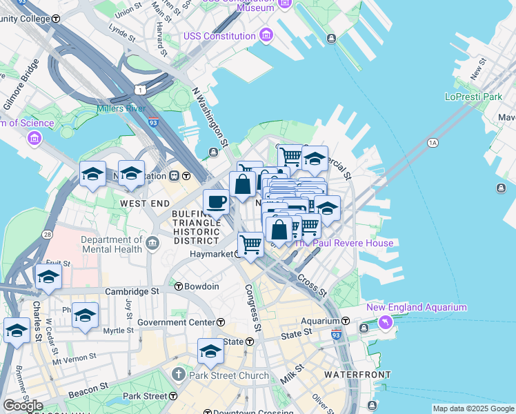 map of restaurants, bars, coffee shops, grocery stores, and more near 21 Cooper Street in Boston