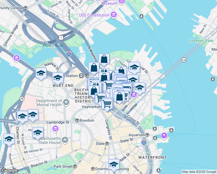 map of restaurants, bars, coffee shops, grocery stores, and more near 49 North Washington Street in Boston