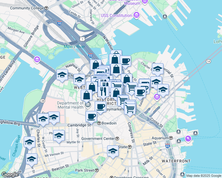 map of restaurants, bars, coffee shops, grocery stores, and more near in Boston