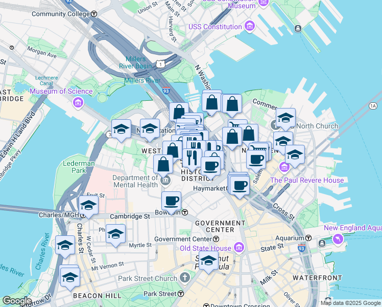 map of restaurants, bars, coffee shops, grocery stores, and more near in Boston