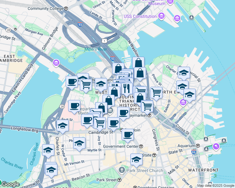 map of restaurants, bars, coffee shops, grocery stores, and more near 40 Lancaster Street in Boston