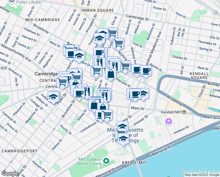map of restaurants, bars, coffee shops, grocery stores, and more near 119 Windsor Street in Cambridge