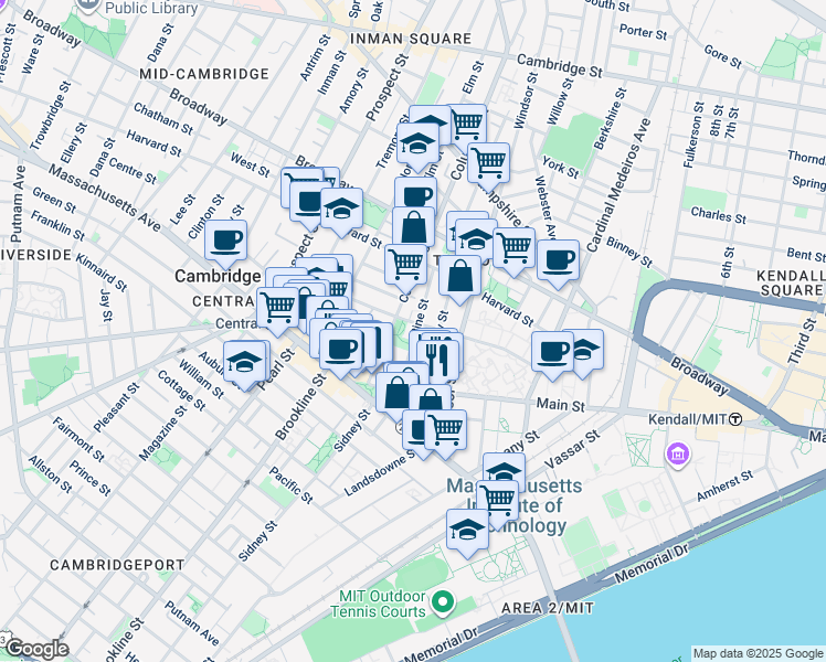 map of restaurants, bars, coffee shops, grocery stores, and more near 23 Pine Street in Cambridge