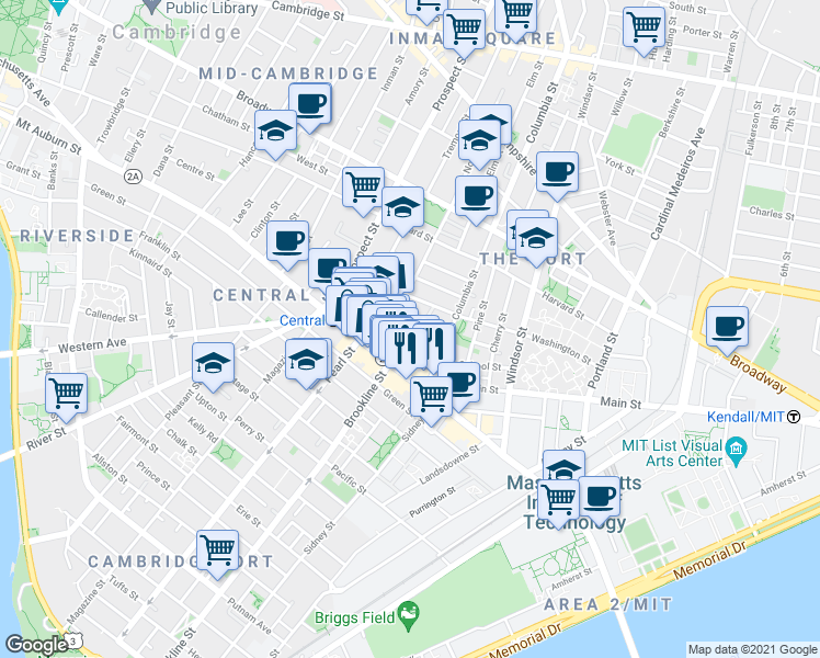 map of restaurants, bars, coffee shops, grocery stores, and more near 39 Bishop Richard Allen Drive in Cambridge