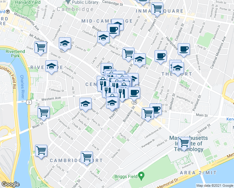map of restaurants, bars, coffee shops, grocery stores, and more near 296 Green Street in Cambridge