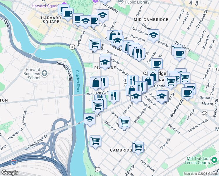 map of restaurants, bars, coffee shops, grocery stores, and more near 260 Western Avenue in Cambridge