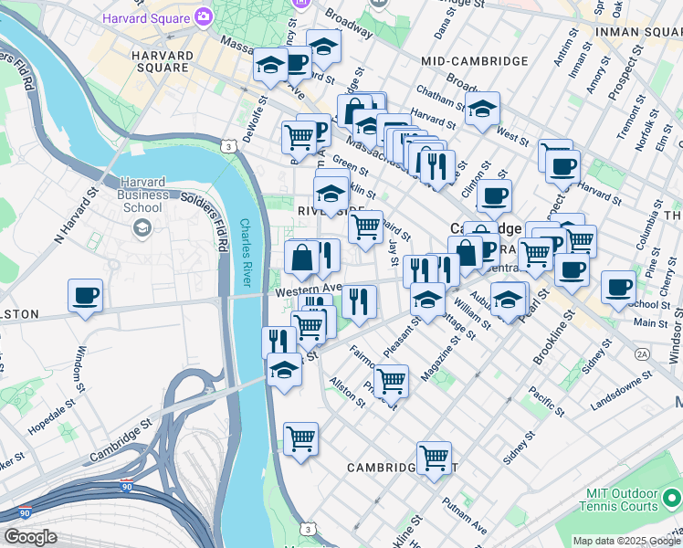 map of restaurants, bars, coffee shops, grocery stores, and more near 260 Western Avenue in Cambridge