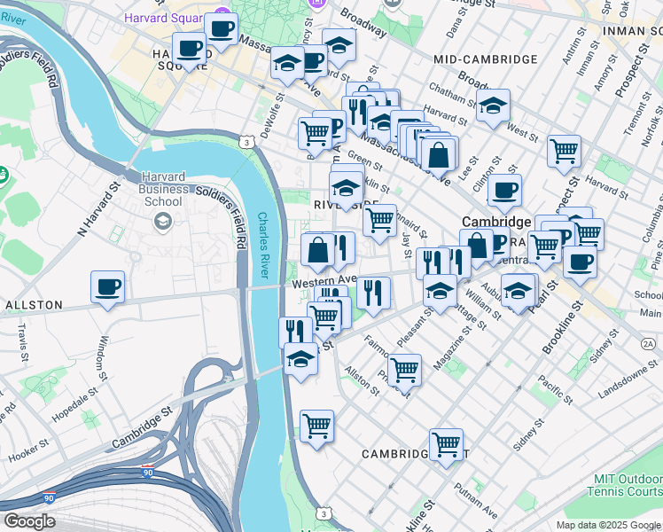 map of restaurants, bars, coffee shops, grocery stores, and more near 336 Western Avenue in Cambridge