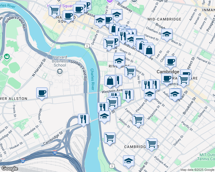 map of restaurants, bars, coffee shops, grocery stores, and more near 381-383 Western Avenue in Cambridge