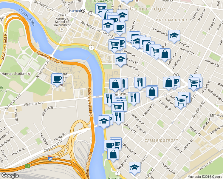 map of restaurants, bars, coffee shops, grocery stores, and more near 381-383 Western Avenue in Cambridge