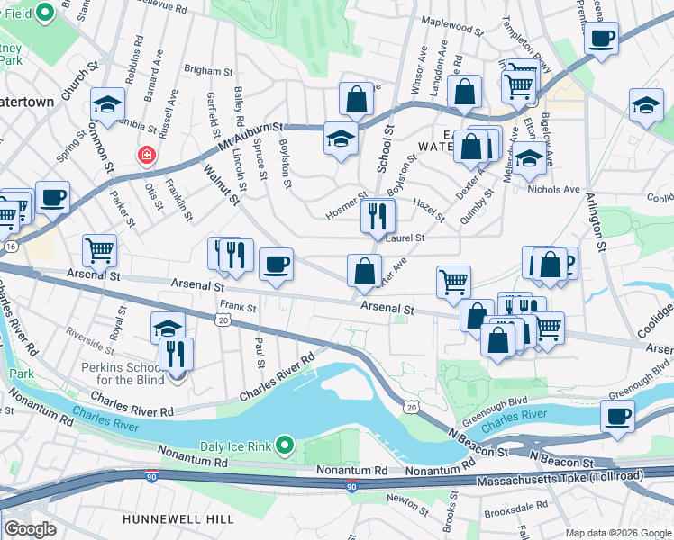 map of restaurants, bars, coffee shops, grocery stores, and more near in Watertown