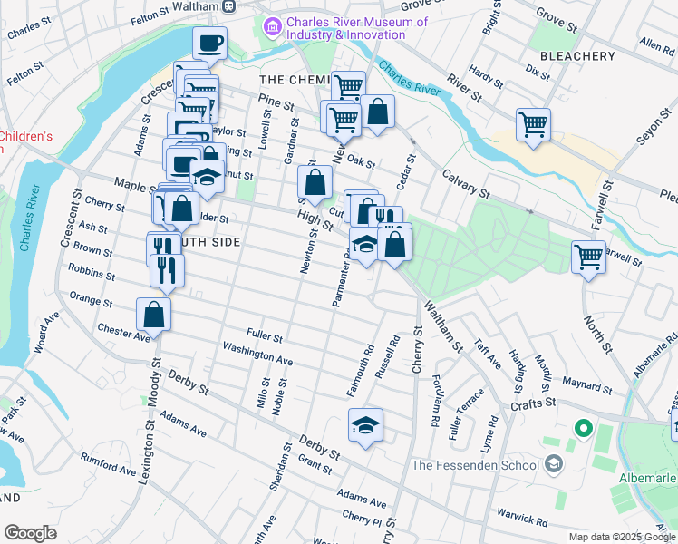 map of restaurants, bars, coffee shops, grocery stores, and more near 266 Ash Street in Waltham