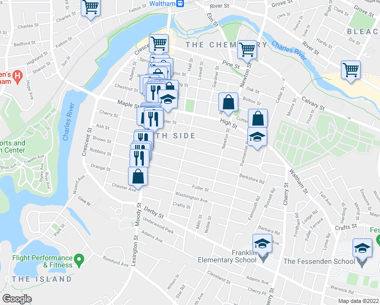 map of restaurants, bars, coffee shops, grocery stores, and more near 174 Brown Street in Waltham